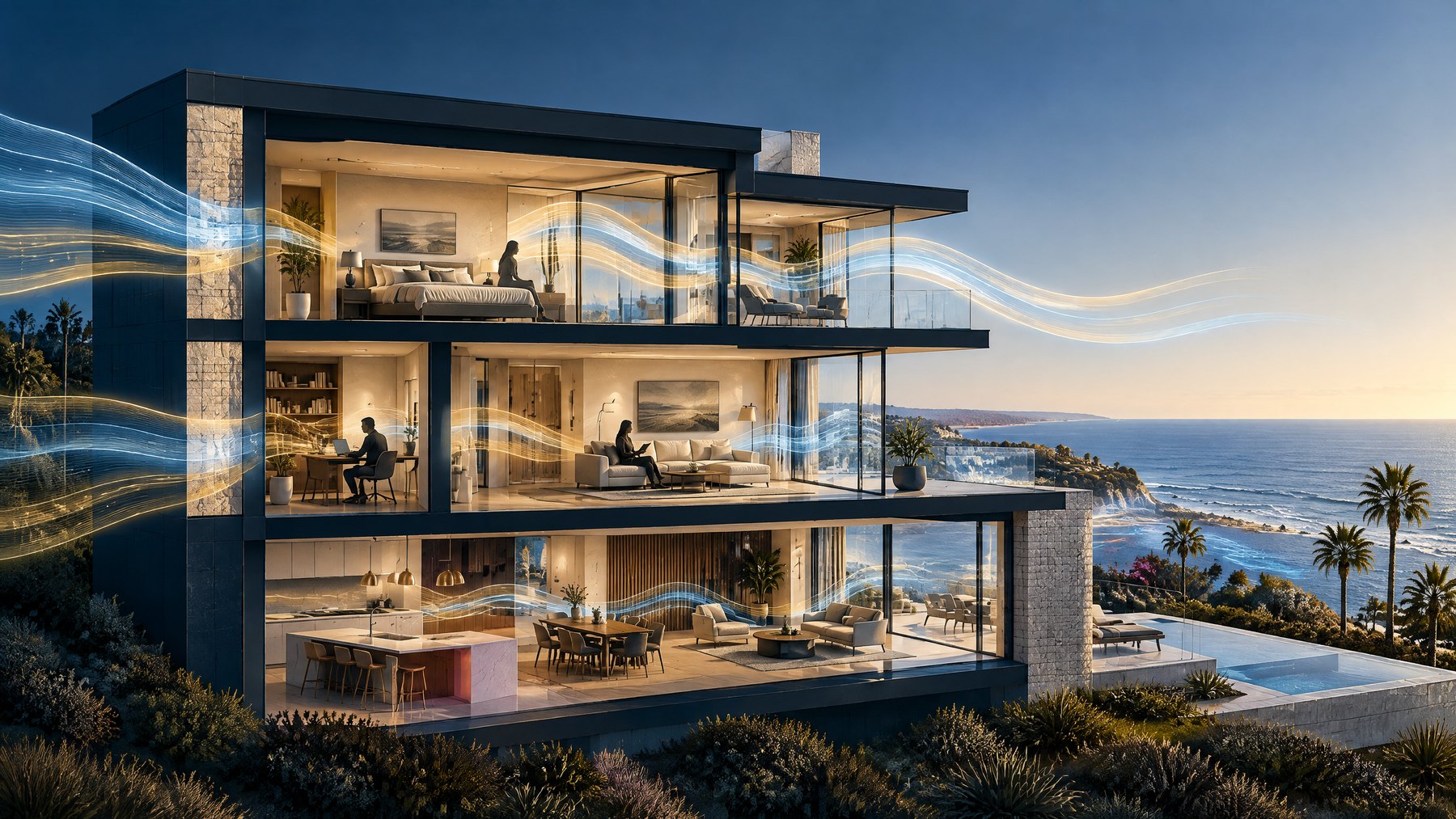 Conceptual cutaway of electromagnetic wave bands entering a modern home with people inside